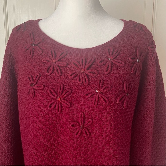 Talbots 100% Merino Wool Holiday Christmas Sweater Embroidered Burgundy Knit - Picture 2 of 9